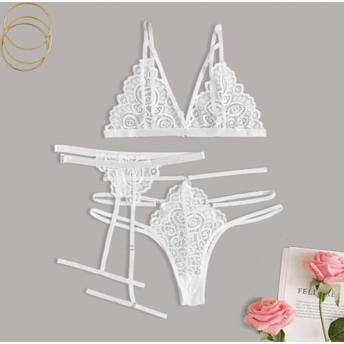 Erotic Lingerie Set Temptation Transparent Flower Lace Bra Sleeveless Thong Sexy Underwear for 2021 New Women Bielizna Damska