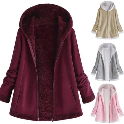 50% Hot Sales Winter Plus Size Lady Solid Color Zip Up Long Sleeve Hooded Plush Coat Outwear