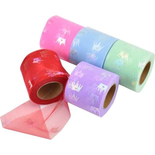 HSDRibbon 60MM Colorful crown printed Pattern organza Mesh Fabric Ribbon