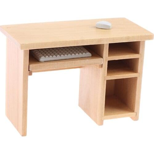 1/12 Dollhouse Miniature Desk With Keyboard And Mouse Wooden Toys Dollhouse Furniture For Dollhouse Decals