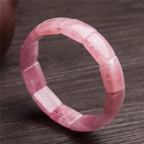 Madagascar Natural Rose Pink Quartz Crystal Rectangle Bead Stretch Woman Female Fashion Bangle Bracelets AAAAA
