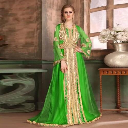 Pretty Green Chiffon Applique Moroccan Kaftan Evening Dresses Long Sleeves A-line Muslim Arabia Formal Islamic Dress Prom Gowns