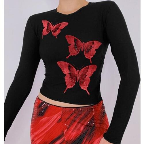 Fashion Autumn Spring Fall Women T-shirts Butterflies Print Slim Fit Crop Tops Ladies Pullover Streetwear