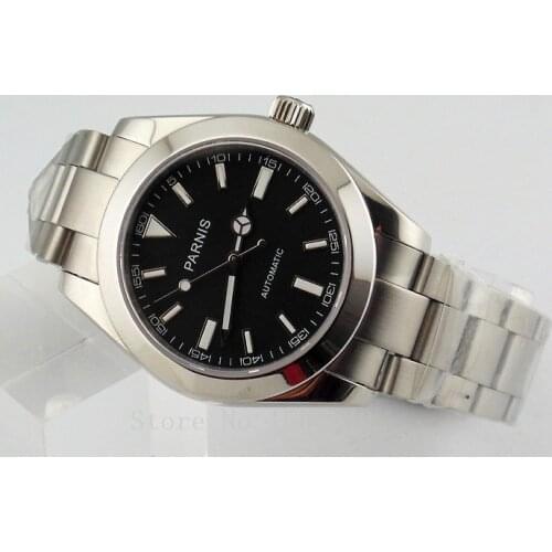 Parnis 40mm black dial automatic mens watch sapphire glass case with steel strap 1432