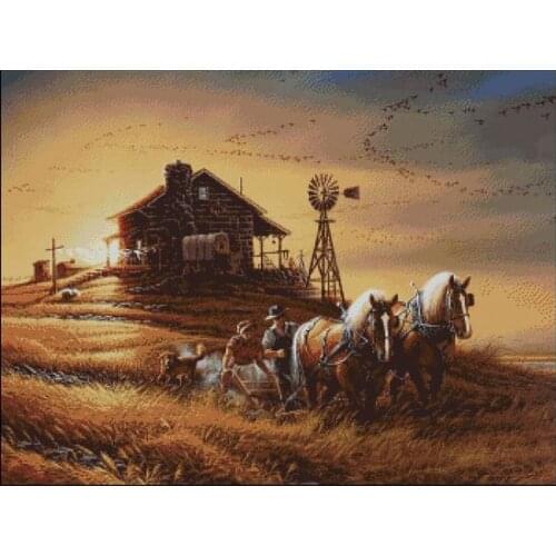 Mixed Stitch Couple Horses in the wheat field Embroidery Needlework 14CT Unprinted Cross Stitch Kits Art DIY Handmade Decor