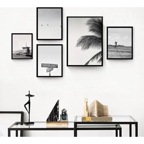 Gallery Wall Art Prints Black and White Palm Tree Surf Ocean Landscape Inspiring Posters and Print Wall Decor for Living Room
