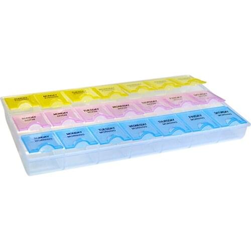 Transparent Color Empty Plastic Box Pill Tablet Medicine Organizer Weekly 7 Days 3-row Tray Storage Case 21 Compartment TK-ing