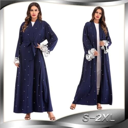 Plus Size Robe Malaysia Abaya Dubai Kaftan Women Beading Pearl Lace Kimono Cardigan Muslim Hijab Dress Turkish Islamic Clothing