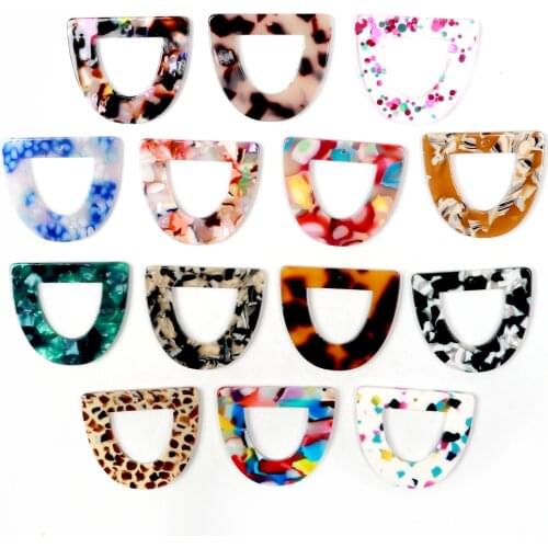 Tortoise Shell Earrings Charm,Acetate Acrylic Semicircle D Shaped frame Pendants,Boho Earring Parts ,34.5x39.5mm,ACE-283