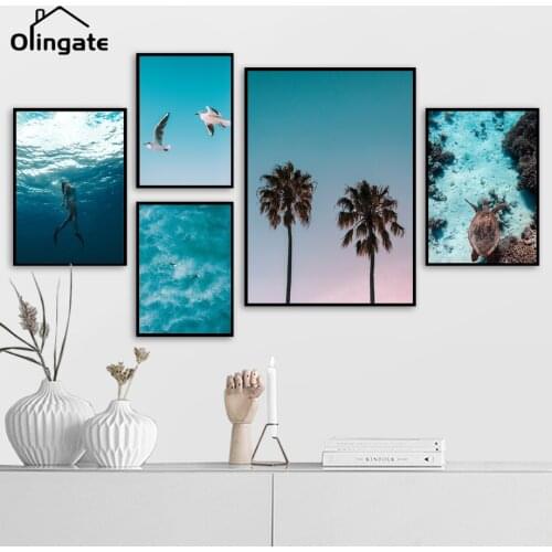 Nordic Posters and Prints Beach Sea Turtle Girl Wall Art Canvas Painting Coconut Palm Tree One Piece Wall Picture Home Decor