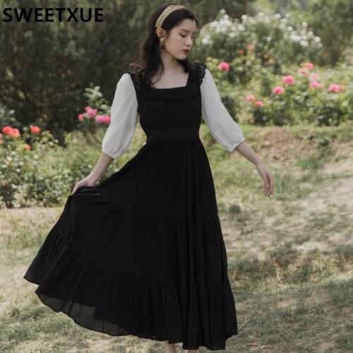 SWEETXUE 2021 Summer Womens French Black Square Collar Temperament Elegant Vintage Chic Party Female Vestido Mujer