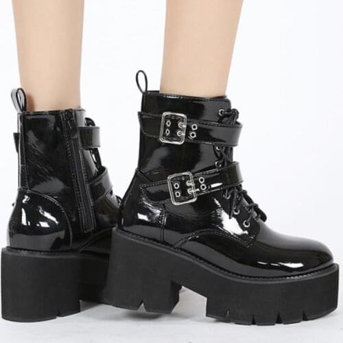 Side Zipper Womens Boots Thick Heel Waterproof Platform Round Toe Thick Bottom Belt Buckle High Heel Front Lace-up Ankle Boots