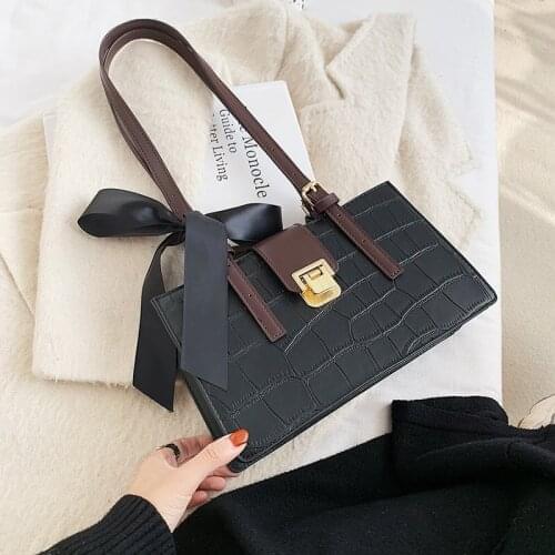 Crocodile Grain PU Leather Top-Handle Bags for Women 2021 Designer Vintage Shoulder Bag with Ribbon Trending Tote Handbags