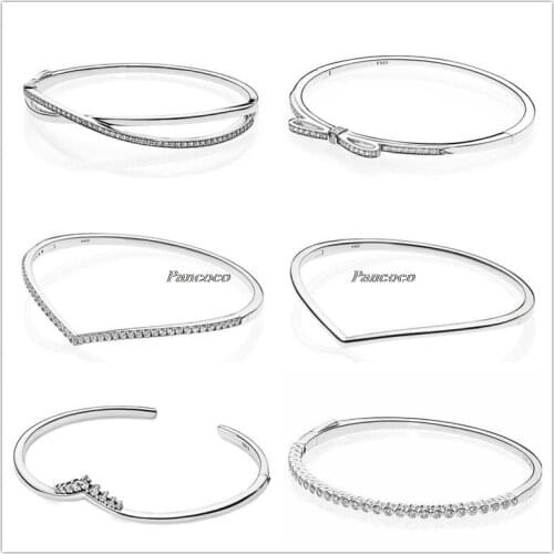 925 Sterling Silver Quality Sparkling Bow With Cubic Zirconia Bangle Bracelet Fit Women Bead Charm Pandora Jewelry