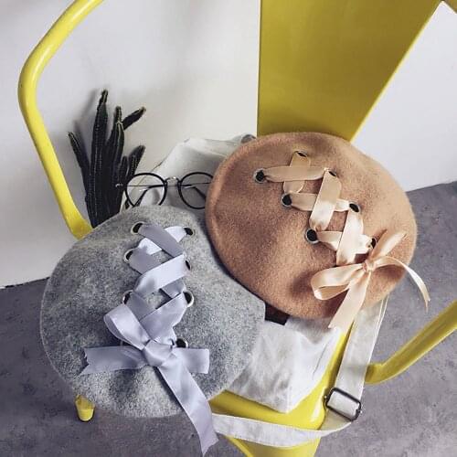 Women Wool Blend Fashion Beret Hat Solid Color Slouchy Winter Hats Bonnet Caps For Girls Lady Female Bandage Bow Berets Cap
