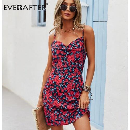 EVERAFTER Summer Rose red Floral Print Spaghetti Strap Women Dress Sexy Backless Midi Halter Ladies Dress Beach Holiday Dresses