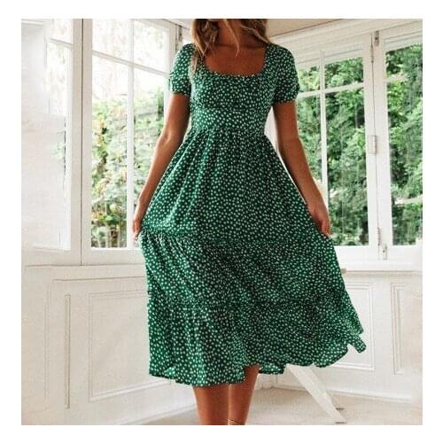 2020 Summer New Arrival Women Fashion Short Sleeve Floral Print Polka Dot Casual Pleated Dress Vestidos Summer Beach Dresses