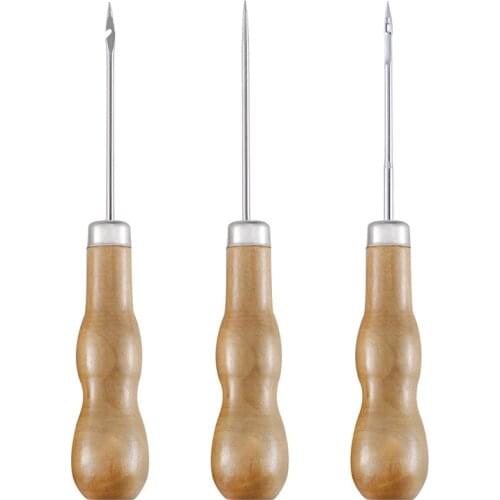 3Pcs Leather Craft Awl Tool Wooden Handle Sewing Awl Diy Handmade Leather Sewing Tools Shoes Repair Double Gourd Punching Tool