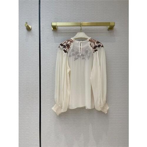 Brand 100% Silk Luxury Blouse for Women 2021 Spring Summer Long Sleeve O-neck Pleated Shirts Top Floral Embroidery Loose Blouses