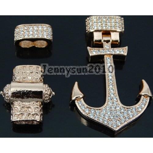 Zircon Pave Anchor Lock Clasp Set For 3mm Leather Cord Bracelet Connector Charm Clear on Rose Gold 5Sets/Pack