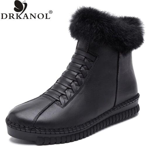 DRKANOL Handmade Genuine Leather Women Boots Rabbit Fur Flat Ankle Boots Women Snow Boots Winter Warm Casual Shoes Botas Mujer