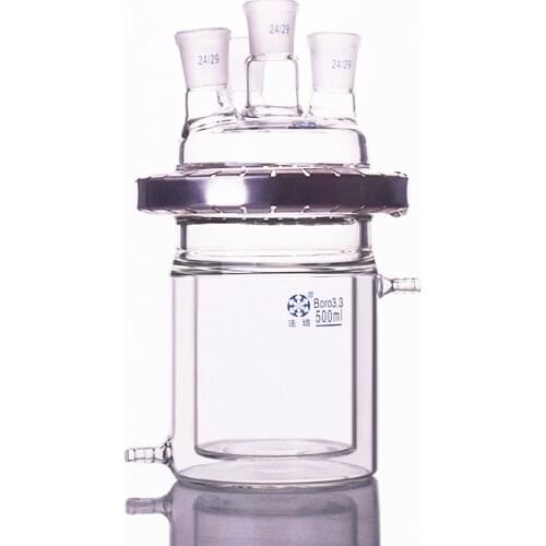 Double-layer cylindrical flat bottom open reactor bottle 500ml,150mm flange,With iron clip,Cover with four straight necks 24/29