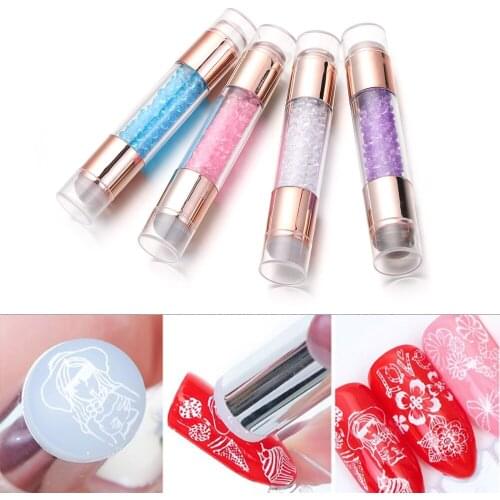 1Set Double Sided Nail Stamper Plate Jelly Silicone Head Crystal Handle Long Cylinder Stamping Nail Art Stencil Template Tools