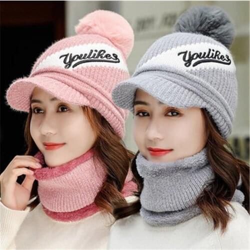New Women Winter Hat With Hat Brim Fashion Plus Velvet Warm Woolen Hat Outdoor Knitted Peaked Cap Female Pompoms Hats