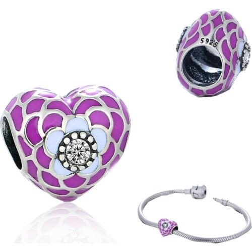 GW Fashion Jewelry Purple Love 925 Sterling Silver Cz Heart Shape Charms Fits European Bracelet For Women D105CH20