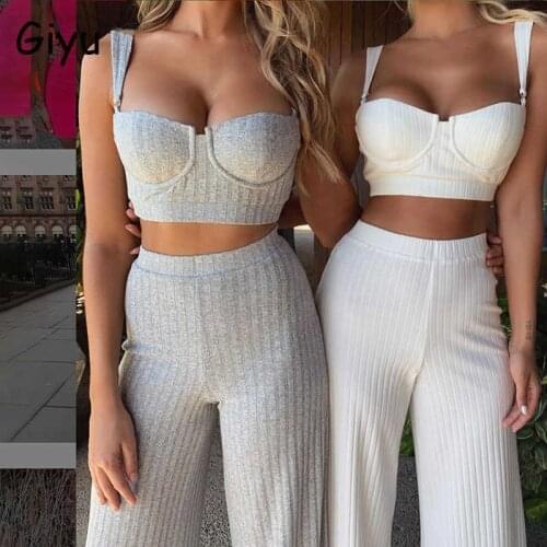 Giyu Sexy Club Party 2 Piece Set Women 2021 Summer Casual Slim Crop Top Wide Leg Pants Set Elegant Two Piece Set Streetwear