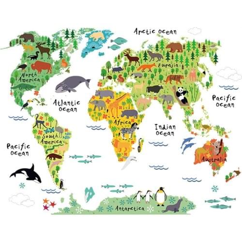 Colorful Animal World Map Vinyl Wall Sticker For Kids Room Home Decor 3D Decals Creative Comparison Living Room Stickers