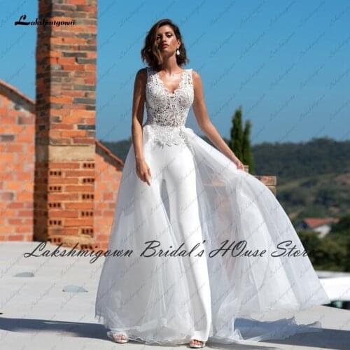 Lakshmigown Bridal Satin Jumpsuit Wedding Dress Detachable Skirt 2021 Vintage Lace Robe Princess Women Wedding Gowns Backless