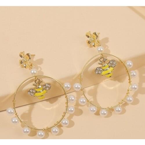 Cute Rhinestone Enamel Insect Bee Drop Earrings For Women Girls 2020 Fashion Handmade String Pearl Dangle Earring Jewelry Gift