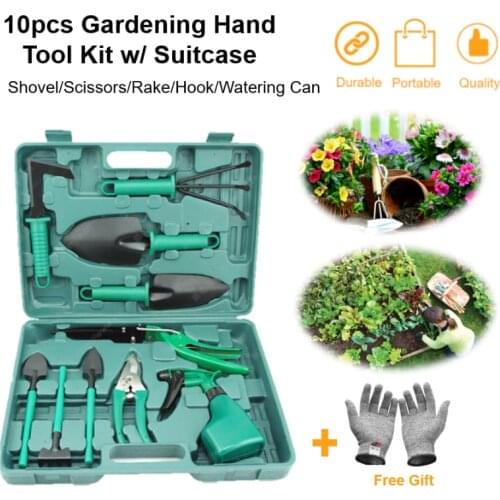10pcs Gardening Hand Tool Kit w/ Suitcase Garden Tools Set Cultivating Planting Trowel Cultivator Shovel Spade Hoe Transplanter