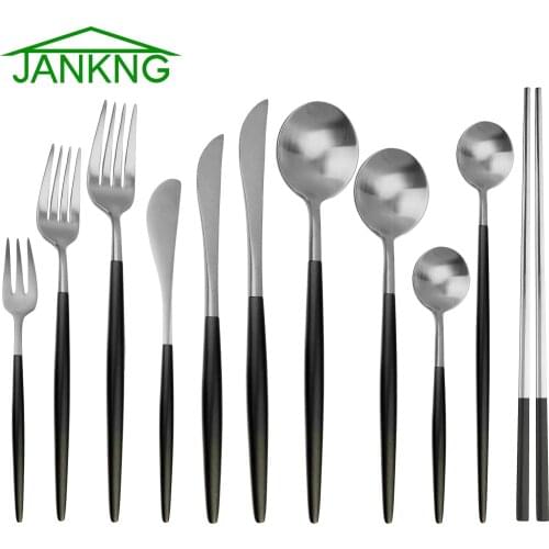 Black Silver Cutlery Set 18/10 Stainless Steel Dinnerware Set Steak Knife Fork Chopsticks Teaspoon Party Kitchen Food Tableware
