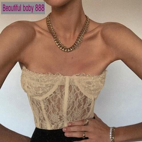 Meqeiss 2021 New summer Strapless Mesh Lace Sheer Crop Tops for Women Sexy Backless Sleeveless Cropped Feminino Tops Underwear