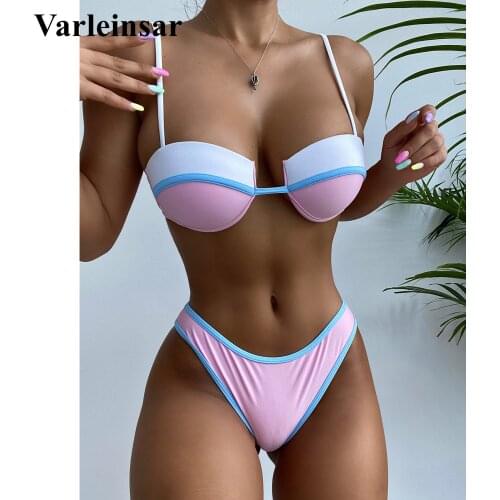New Sexy Splicing Mid Waist Brazilian Bikini Women Swimwear Female Swimsuit Two-pieces Bikini set Bather Bathing Suit Swim V3171