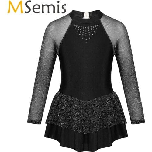 Girls Figure Skating Dress ballerina dress kids Shiny Rhinestone Long Sleeves Mock Neck Gymnastic Leotard Ballet dress children