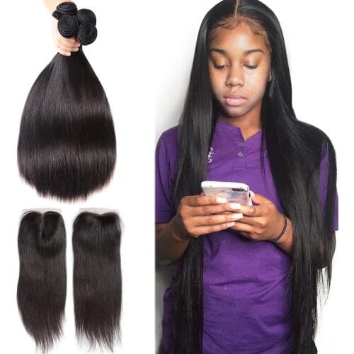 Fashow Human Hair Bundles With Closure Remy Brazilian Hair 3 Bundles With Closure Straight Hair With 4X4 Swiss Lace Closure