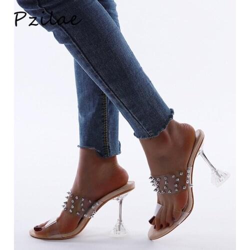 Pzilae 2020 fashion women summer sandals PVC open toe high heels women transparent crystal heel sandals rivet slippers size 41