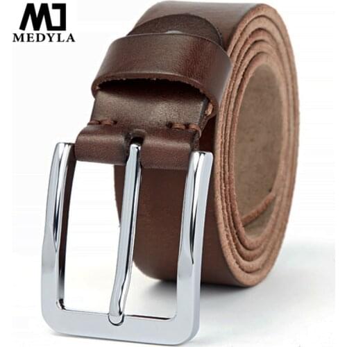 MEDYLA real cowhide mens belt hard solid metal buckle soft original cowhide belt for men 3.8cm leather jeans belt