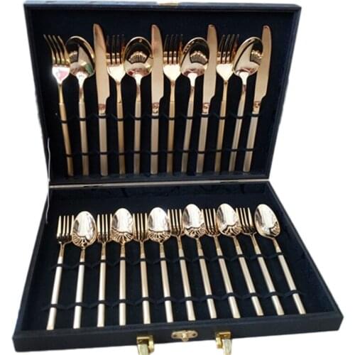 Luxurious Western Style Full Set Cutlery Set Golden Handle Mirror Polished Steak Knife Fork Scoop Dinnerware Tableware 24pcs/set