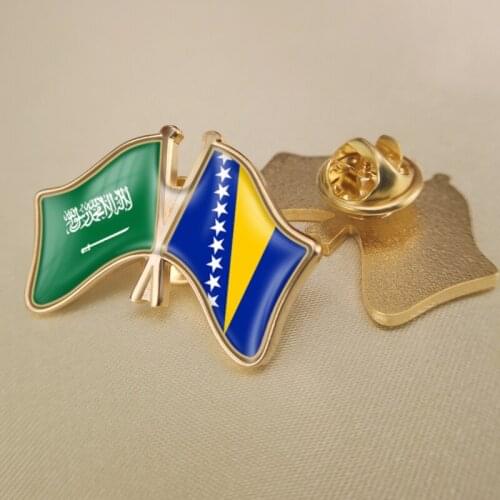 Saudi Arabia and Bosnia and Herzegovina Crossed Double Friendship Flags Lapel Pins Brooch Badges