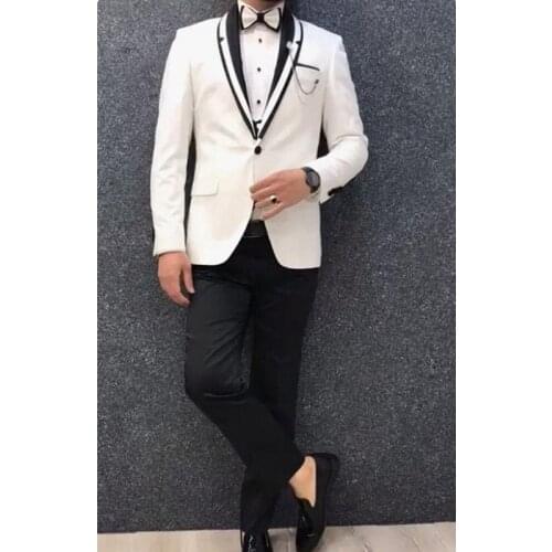 White Wedding Tuxedo for Groom with Black Pants Shawl Lapel 3 Piece Formal Men Suits Jacket Waistcoat Male Fashion Costume 2021