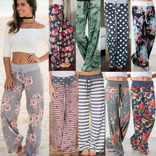 Spring And Autumn Loose Beach Womens Pants Fashion Floral Print Drawstring Wide Leg Ladies Long Pants Sports Pants Multicolor