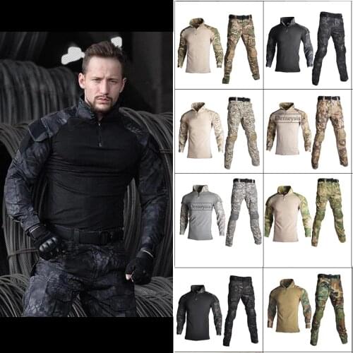 Tactical Gear Military Army ACU Uniform, Combat Shirt + Pants with Knee Pads, Assault Airsoft Paintball Clothing
