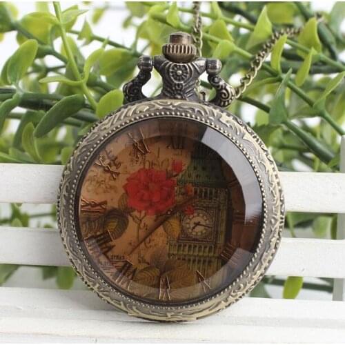 Vintage bronze Dark brown glass Roman clock tower steampunk men and woman chain pocket watches gift pp542