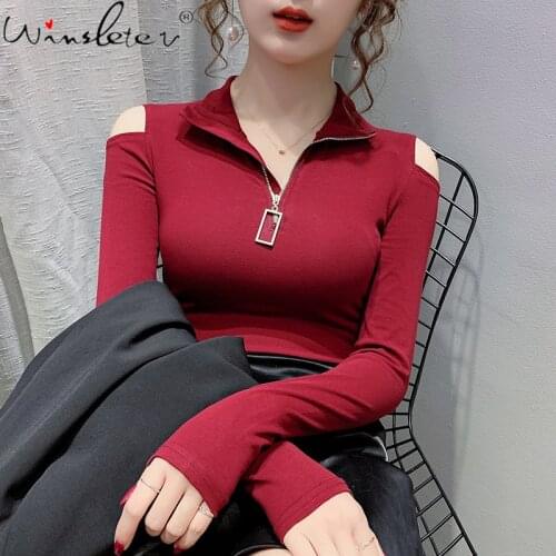 Spring Fall European Clothes Solid T-Shirt Fashion Sexy Stand Collar Zipper Off Shoulder Women Tops Long Sleeve Tees New T17804A