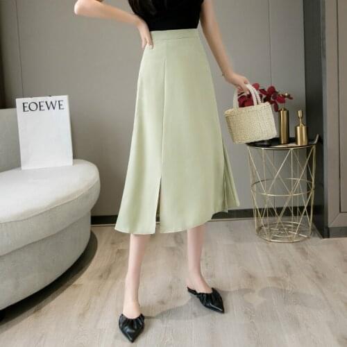 Solid Colour Women Midi Skirt Spring Summer High Waist Slit Long Skirts Leisure Party Ladies Skirt 2021 New