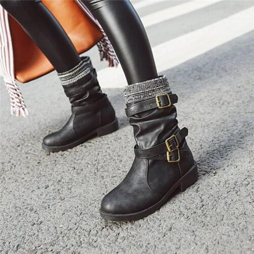 YMECHIC 2019 Retro Western Black Gray Women Winter Ankle Boots Buckle Strap Knitting Chunky Heels Cowboy Ride Biker Boot Shoes